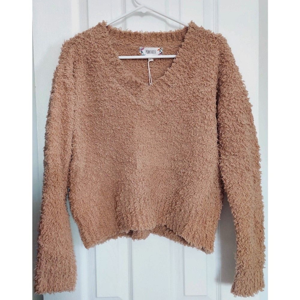 NWT - Toffee Fuzzy V-Neck Sweater